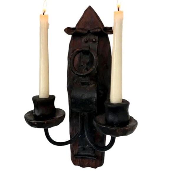 Vtg Gothic Medieval Forged Iron Wood Wall Sconce Candleholder Brutalist